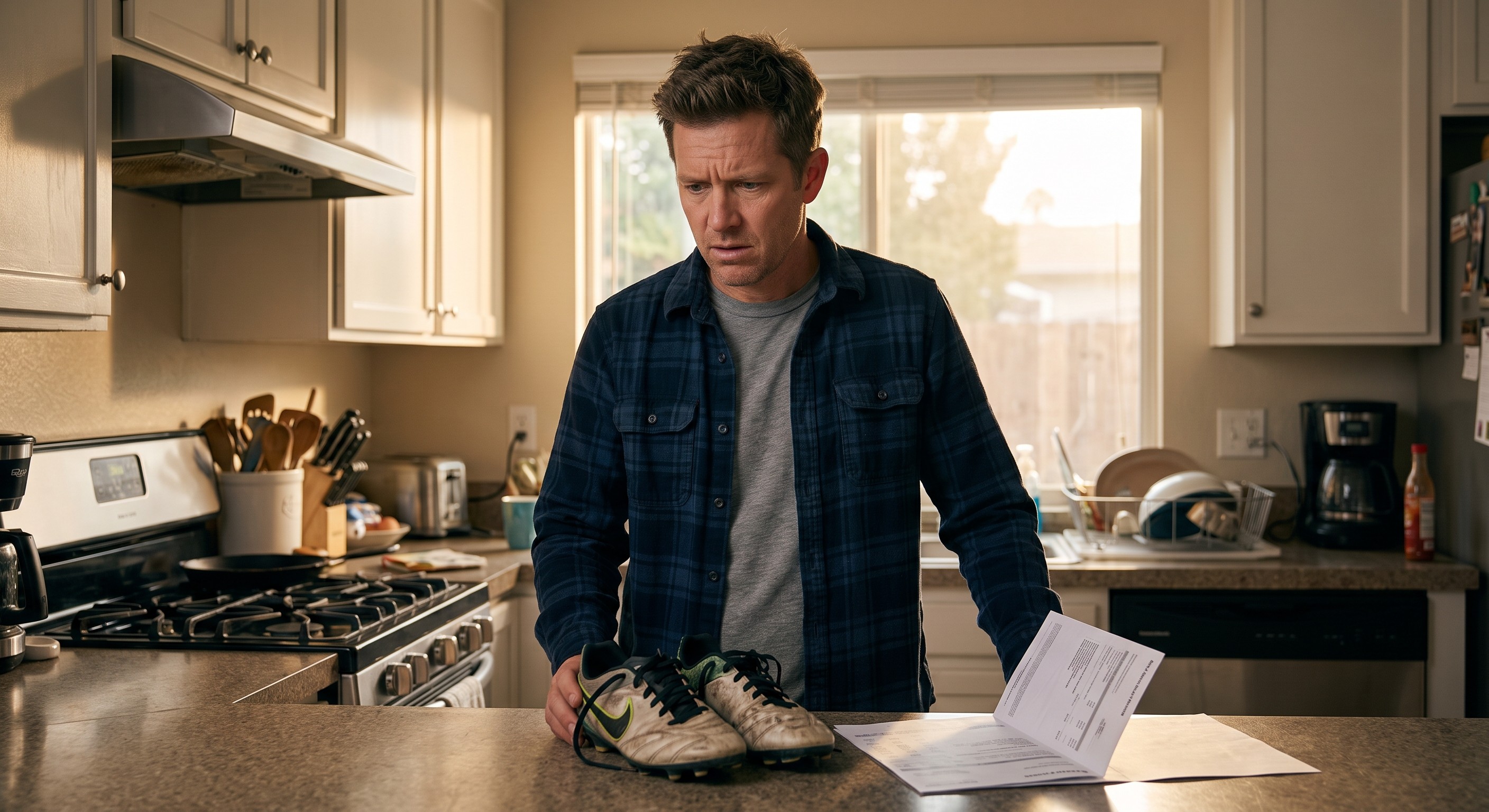 Man in his 40s in a kitchen looking stressed at kids soccer cleats and a mortgage statement